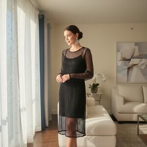 Morgan & Co Black Mesh Long Sleeve Evening Dress Small NWT, Sparkle Detail